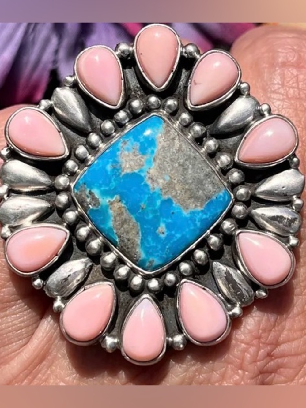 Navajo Turquoise Pink Conch Sterling Ring